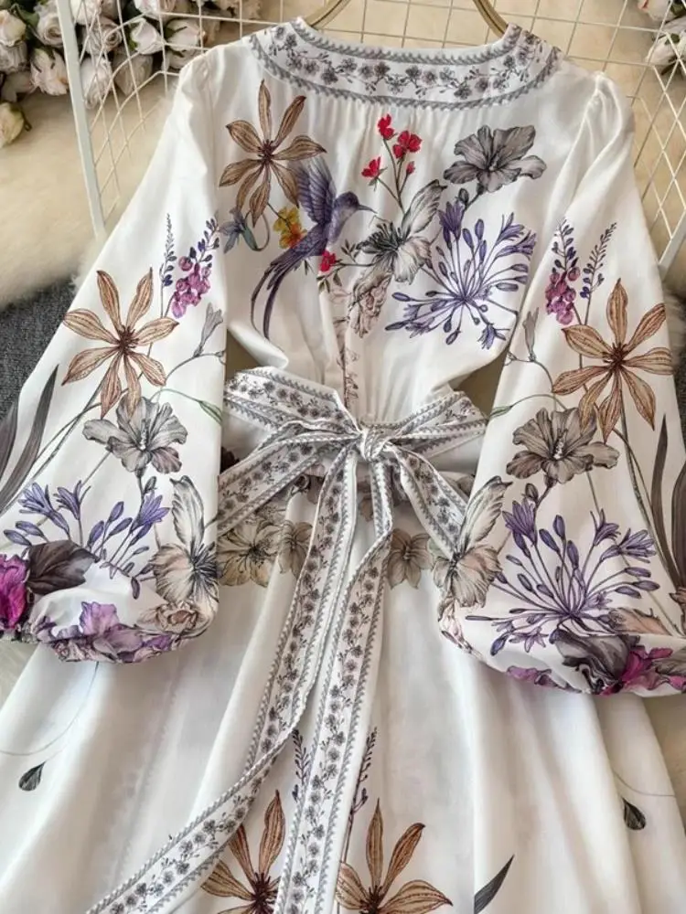 Abito da donna vintage con scollo a V incrociato manica lunga a lanterna con stampa floreale Autunno Bohemian Flower Beach A Line Belt Bandage Wrap Vestidos