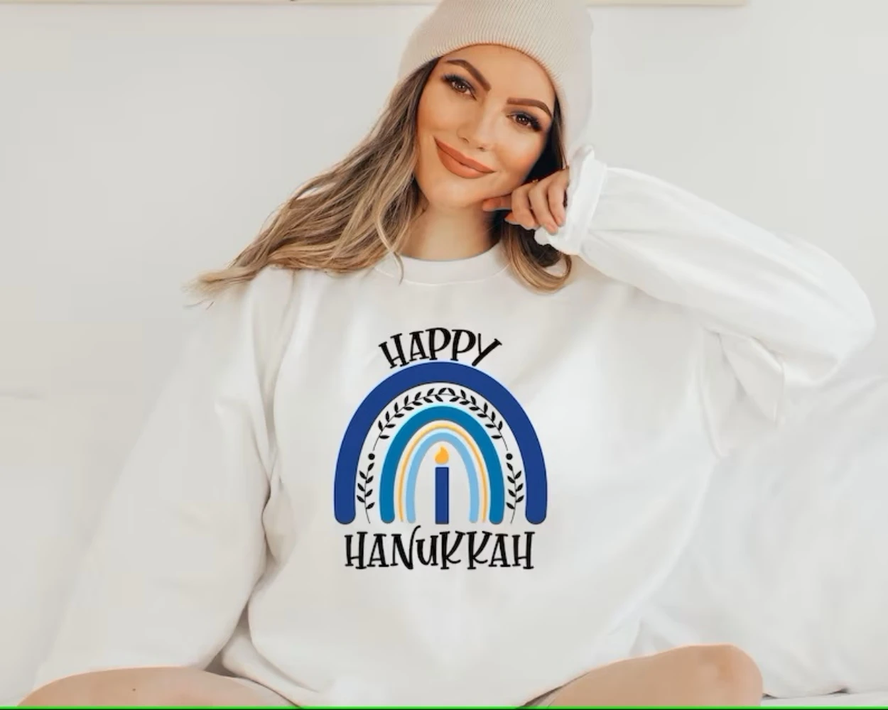 Happy Hanukkah Sweater Funny Jewish Shirt Menorah Pullover Top Winter Women Clothes