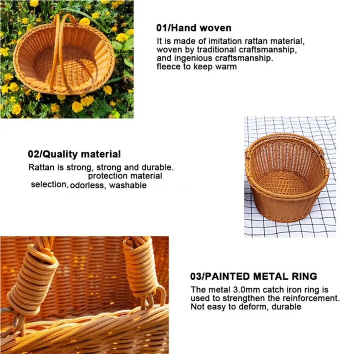 HITL Handmade Imitation Rattan Picnic Basket with Handle Camping Picnic Willow Weaving Storage Hamper Outdoor Fruit Holder