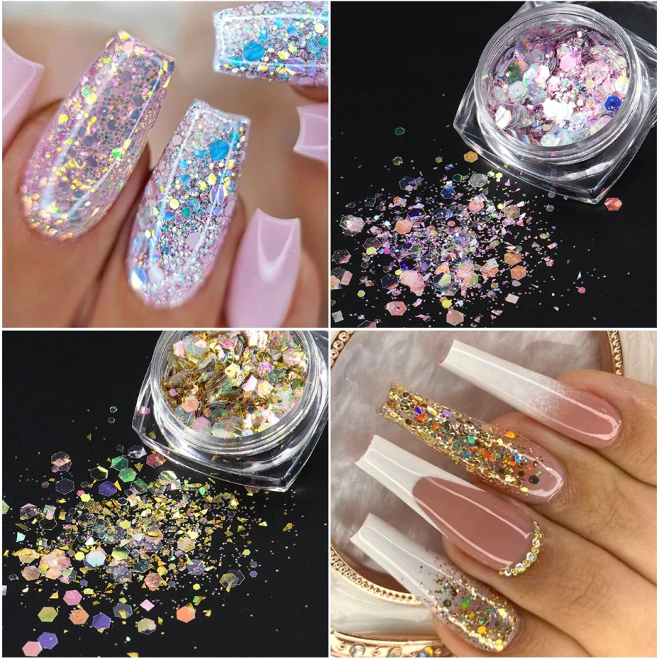 Iridescente Prego Glitter Pó Lantejoulas, Espelho Hexagonal, Irregular 3D Flocos, Holográfica Art Decor, Sereia Flocos, Y2K, 12 Box