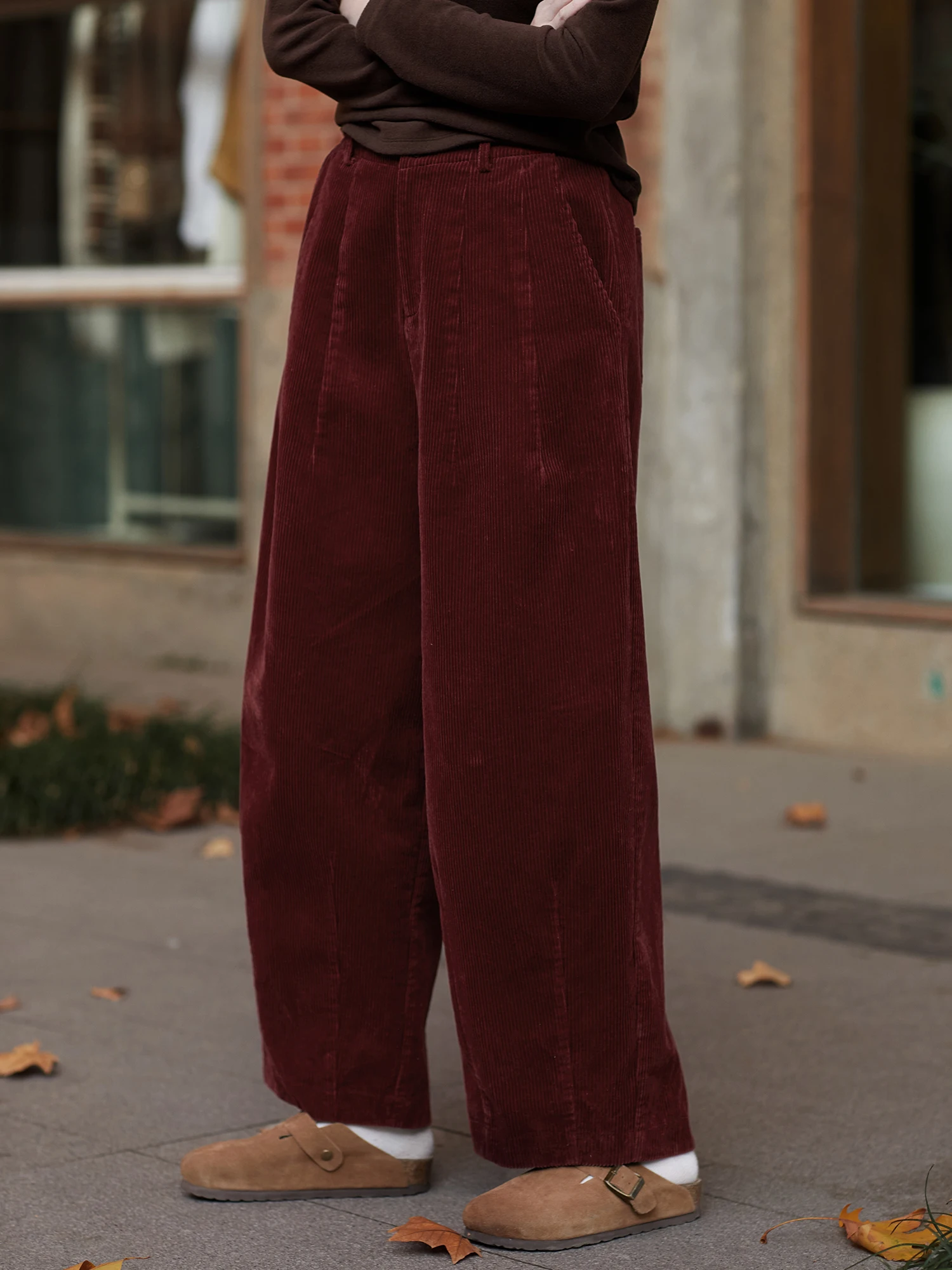 

Winter Red Pure Cotton Corduroy Wide Leg Pants Vintage Sle Casual Straight Leg Trousers for Women Comfortable Warmth
