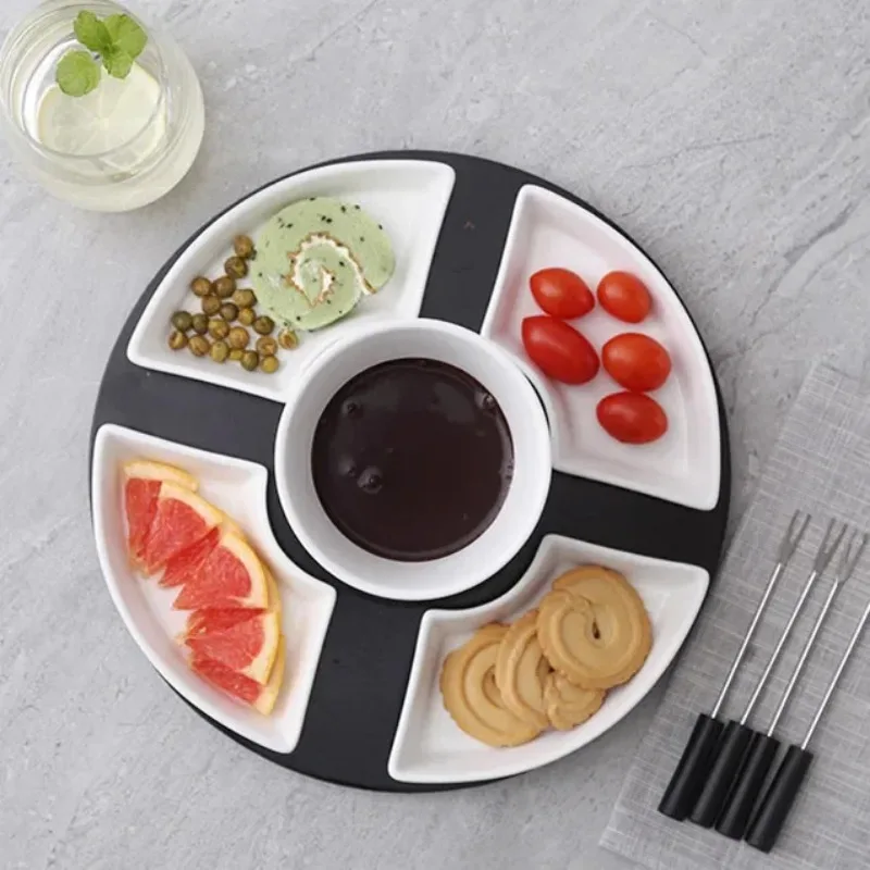 Olla para Fondue de Chocolate de cerámica blanca con 4 platos, tenedores, juego para servir Fondue artesanal de porcelana para queso, Chocolate y helado