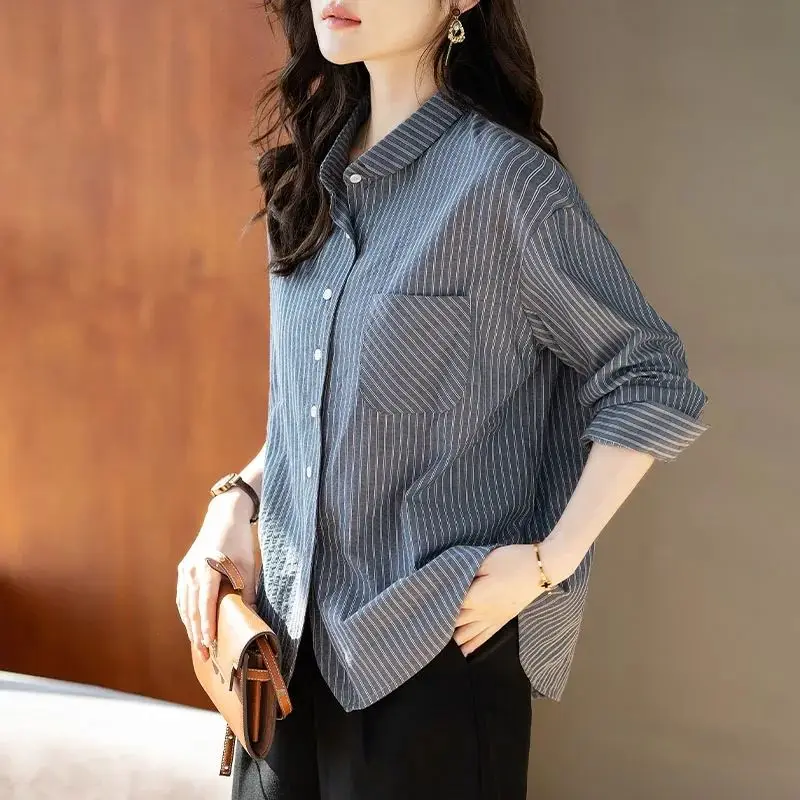 

Plus Size Women Striped Shirt New Long Sleeve Shirt Versatile Slimming Collar Base Shirt Top