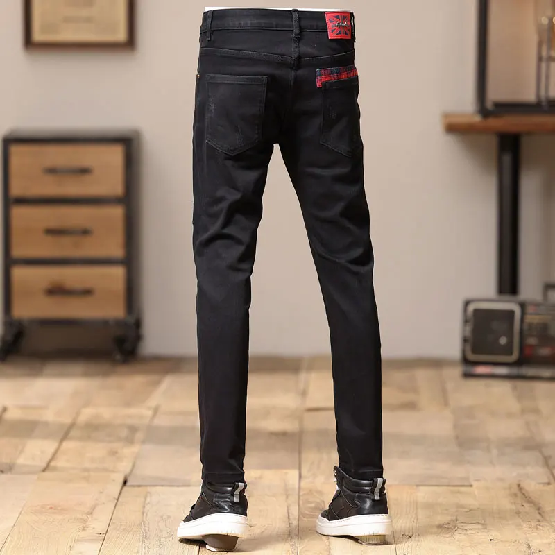 High Street Fashion Men Jeans Black Stretch Slim Fit Ripped Jeans Men Vintage Trousers Patch Designer Hip Hop Denim Pants Hombre