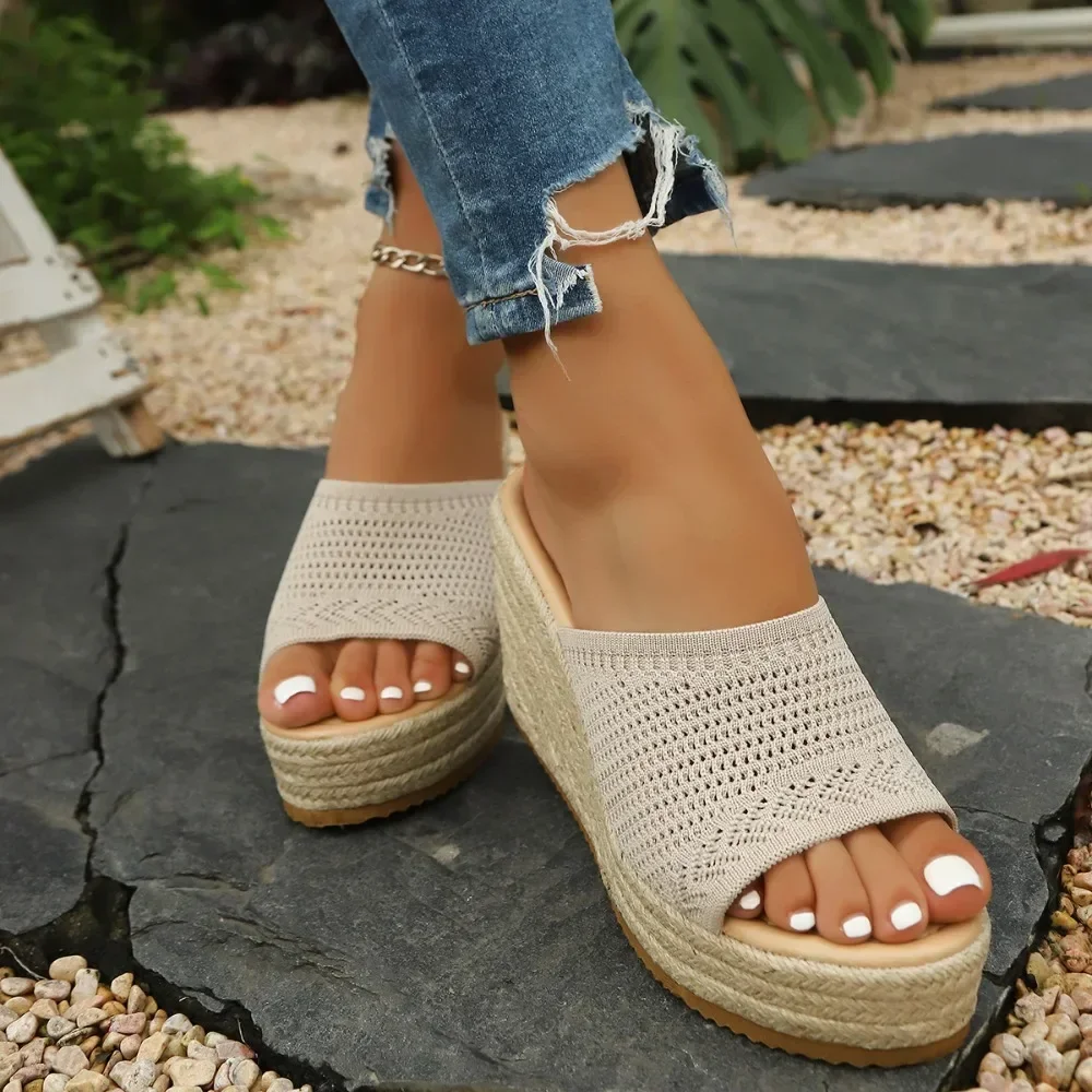 Women Espadrille Wedge Slippers Open Toe Knit Platform Mules Summer Jute Woven High Heel Sandals Slip On Beach Slides view 3