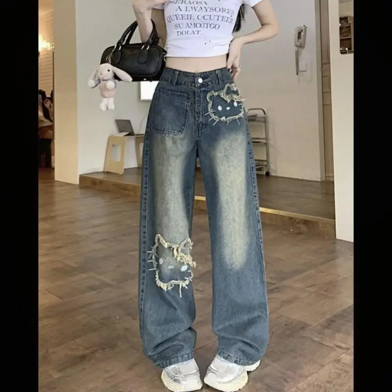 

Sanrio Student New Style Straight Pants Hello Kitty Wide-Leg Pants Embroidered Jeans Autumn and Winter Style Loose Trousers Hot
