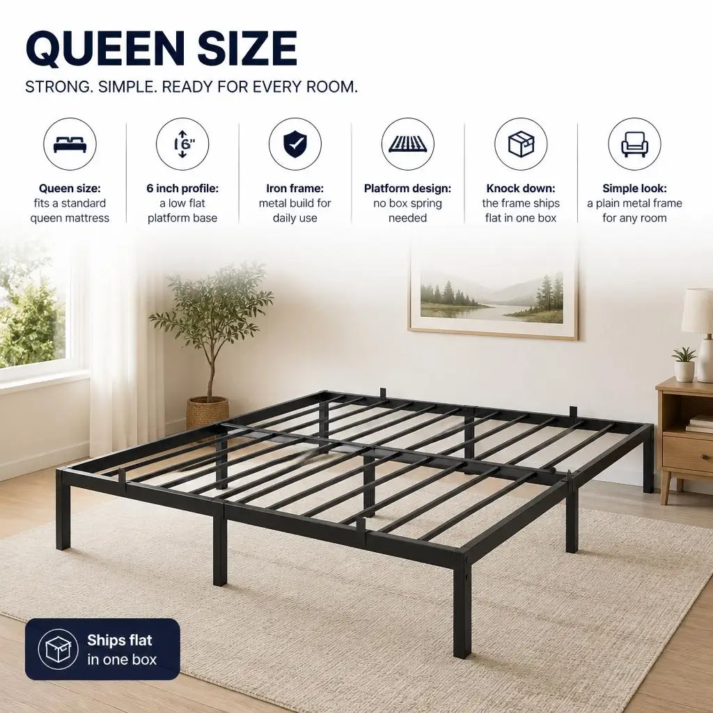 Metal Bed Frame Queen Size, 6 Inch Low Profile Platform Bed Frame with Iron Base, Sturdy Flat Iron Bed Frame No Box Spring Needed, Knock Down Metal Bed Base for Bedroom, Guest Room, Dormitory, Rental Apartment, Easy Assembly