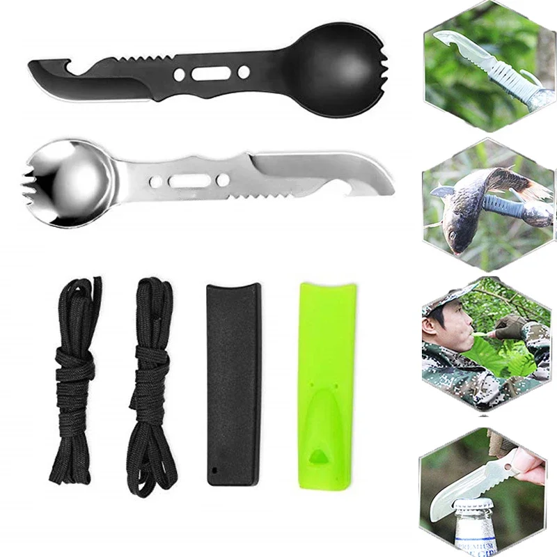 5 In 1 Outdoor Spoon Fork Knife Set Whistle Camping Survival Tool Hiking Hunting EDC Survival Multifunctional Tableware Utensil