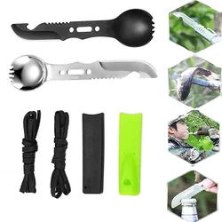 5-in-1 Outdoor Löffel Gabel Messer Set Pfeife Camping Überleben Werkzeug Wandern Jagd EDC Überleben Multifunktionale Geschirr Utensil