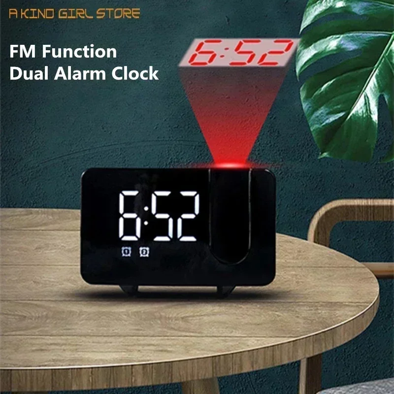 FM Radio LED Digital Smart Alarm Clock Watch Table Electronic Desktop Clocks USB Wake Up Clock with 180° Time Projector Snooze