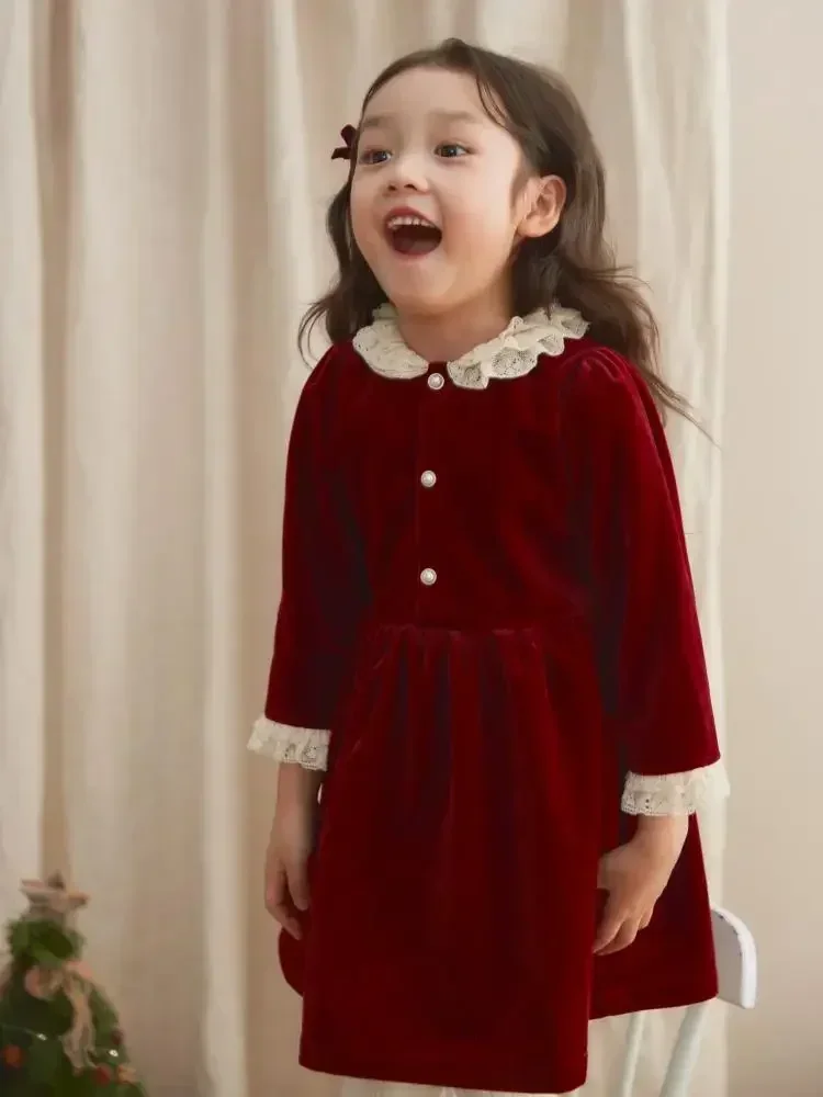 2025 Festive Dress Girl Children's Clothes Kids Princess Vintage Lace Collar Red Velvet Dresses Infants Clothing Spring for Eid #2