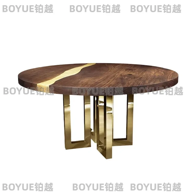 Luxury Solid Wood Round Dining Table with Metal Base High End Custom Villa Home Restaurant Furniture Modern Creative Design