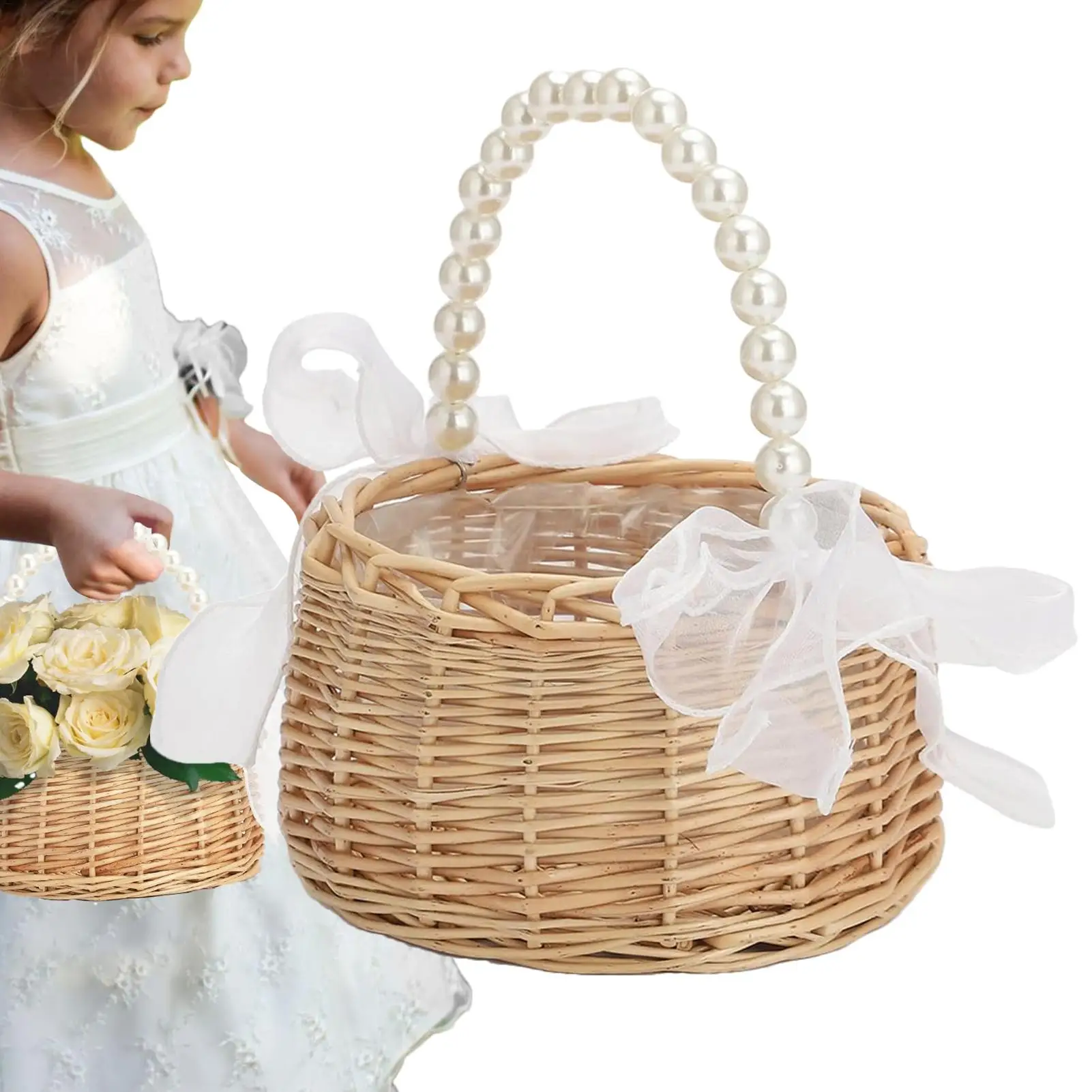 Handgewebter Blumenkorb mit Perlengriff Weidenkorb Picknickkorb Natürlicher Geflochtener Aufbewahrungskorb Hochzeit Geburtstag Party Deko-Korb