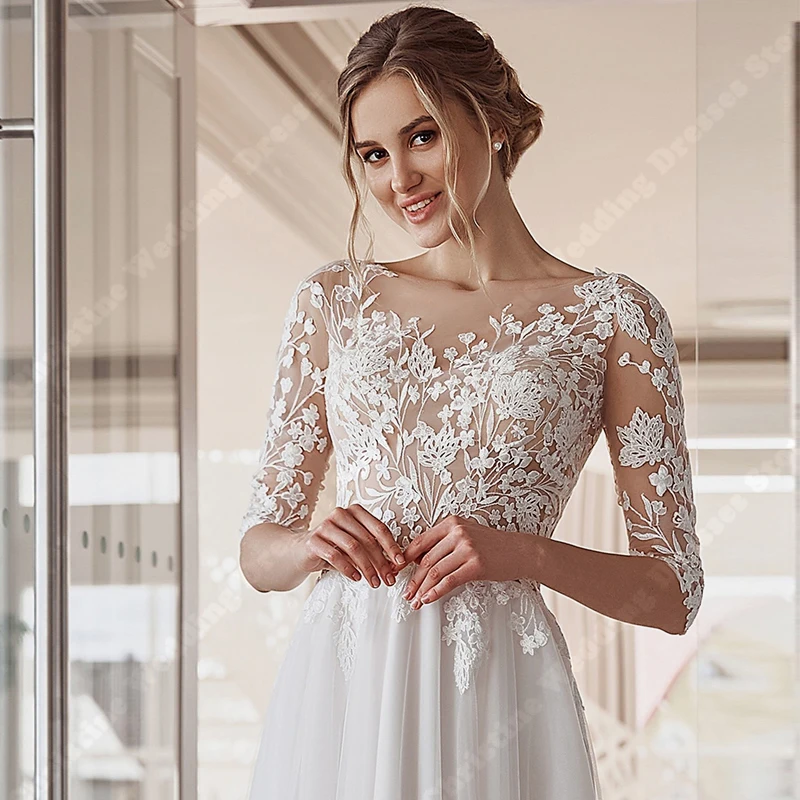 Elegante Kanten Lange Mouwen Vrouwen Trouwjurken Sexy Chiffon Bruidsjurken Dweilen Lengte Print Gewaden Vestidos De Novias 2024