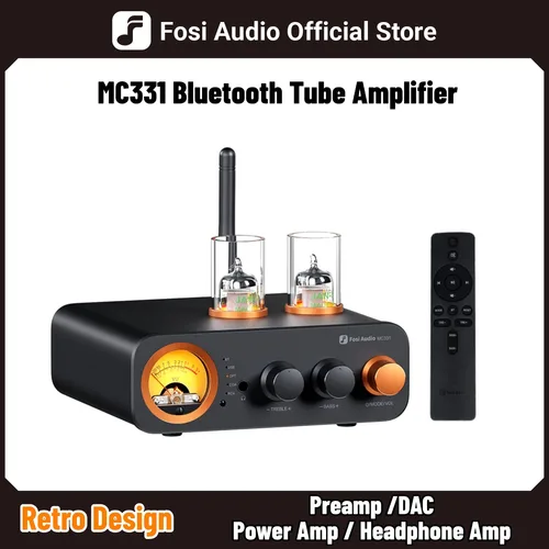 Fosi Audio MC331 Amplificador de tubo integrado estéreo Bluetooth de 2,0 canales, mini amplificador de potencia de audio DAC todo en uno para altavoz pasivo