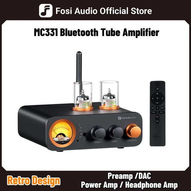 Fosi Audio MC331 2.0-kanałowy wzmacniacz lampowy Bluetooth, mini wzmacniacz audio typu all-in-one z DAC do głośników pasywnych