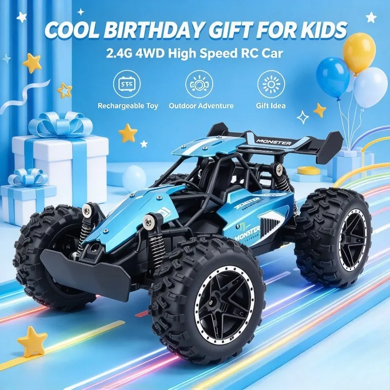 Rechargeable 4WD Off-Road RC Vehicle, Backyard Terrain Play Toy, 2.4G Remote Car with Decorative Lights for Kids Party