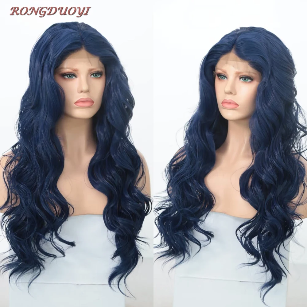 RONGDUOYI Dark Blue Synthetic Lace Front Wigs Long Wave Wigs For Women Daily Used Middle Part Natural Hairline Lace Wigs