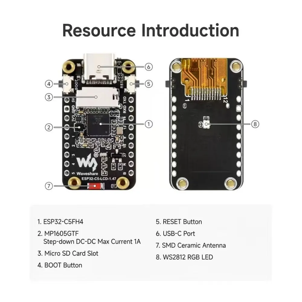 ESP32-C5 32-bit Development Board 1.47 Inch 172×320 LCD Display Wi-Fi6 Zigbee Thread USB Type-C WS2812 RGB LED for AIoT Project