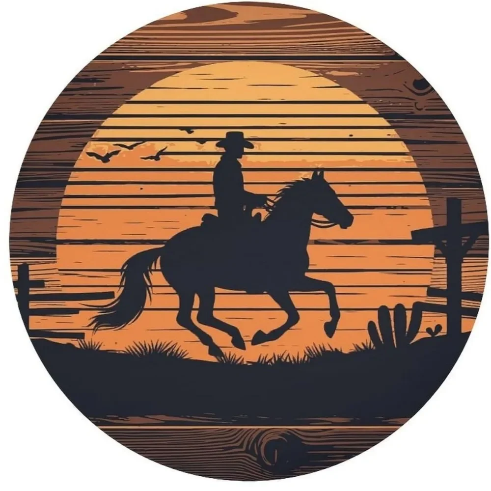 Retro Country Western Cowboy Round Tablecloth Cottage Farmhouse Wooden Board Riding Horse Print Washable Cover for Home