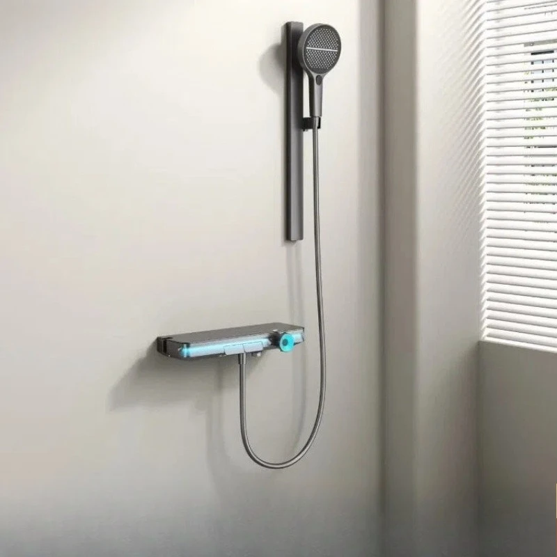Gun Gray Simple Thermostatic Shower Set, Household Digital Display Ambient Light Supercharged Complete Shower System