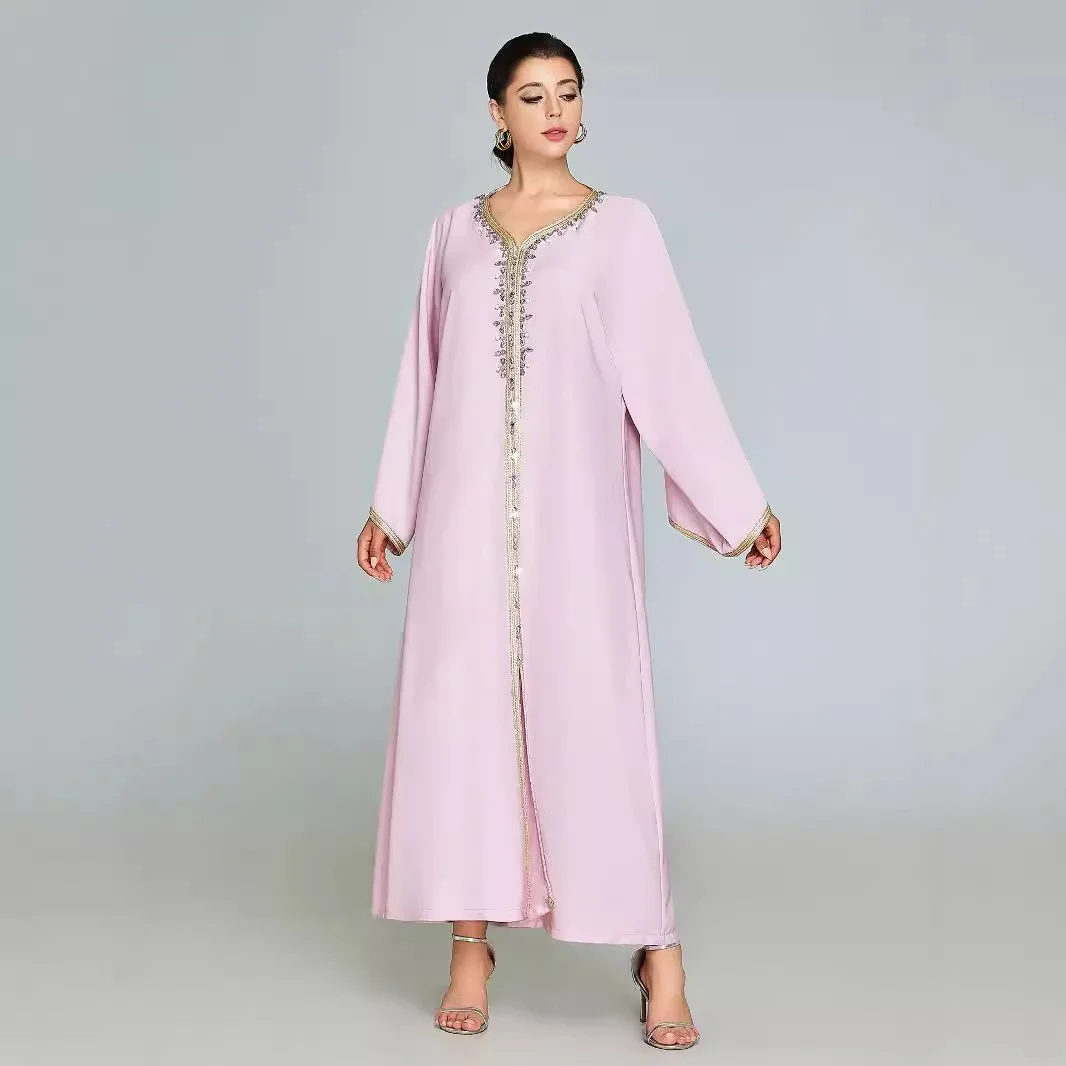 UNI 2025 Ramadan Fashion Pink Muslim Robe Hand Sewn Diamond Fashion Large Dress Women's Skirt Dubai Abaya Middle East Eid