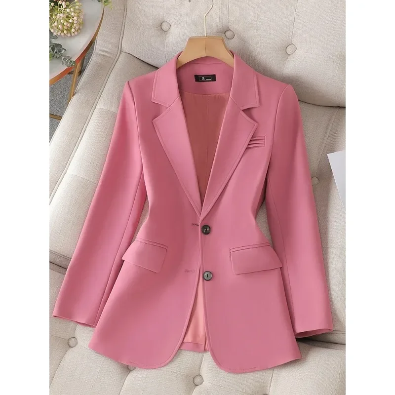 Fashion Women Pink Coffee Black Solid Blazer Female Long Sleeve Single Breasted Straight Jacket Coat Ladies