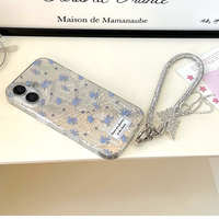 Phone Case for IPhone16 15 14 13 Pro Max Blue Flower Butterfly Pattern Back Cover with Bracelet 3D Bracelet Hanging Rope Kaws