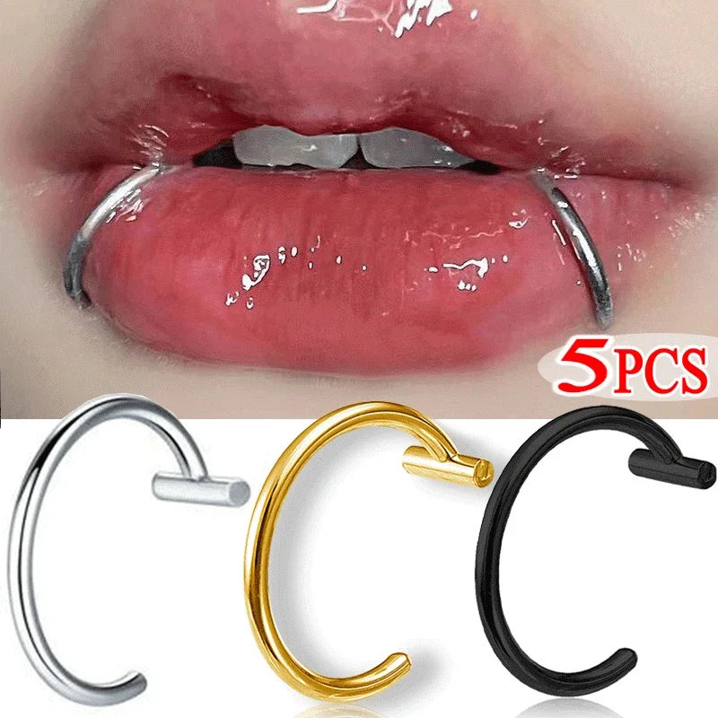 5PCS Punk Lips Rings Medical Titanium Steel Nose Ring Fake Nose Ring Septum Piercing Clip on Mouth Ring Fake Piercing Body Clip