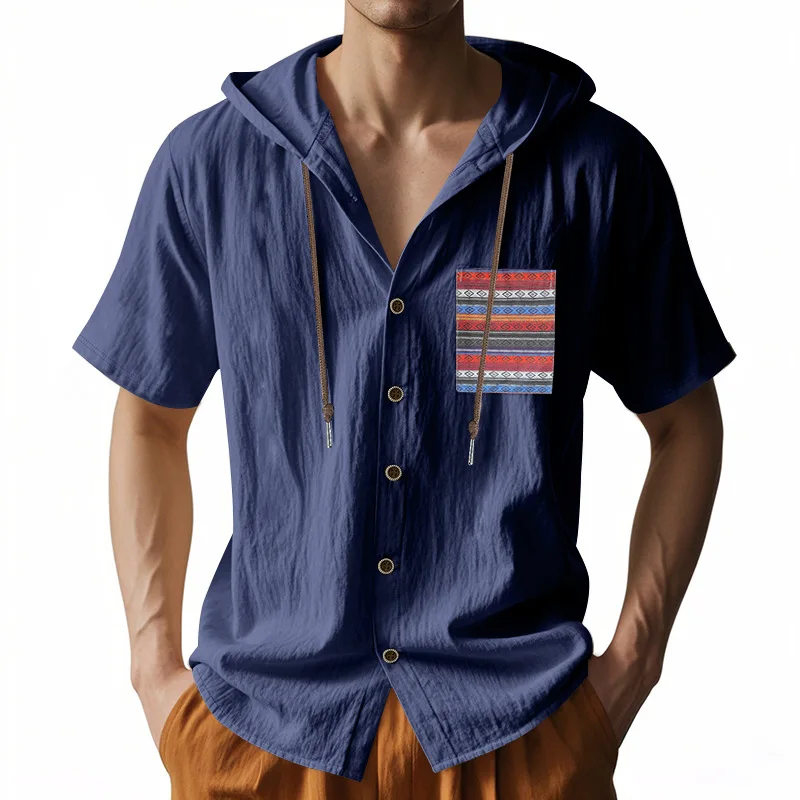 2025 Summer New Men's Shirt Hawaiian Style Chest Bag Thin Breathable Linen Loose and Hooded Cardigan Short Sleeve Shirt Men