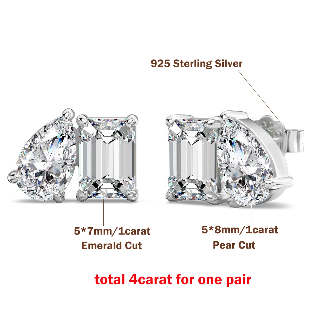 4 Karat Radiant-/Smaragd- und Birnenförmig geschliffene Moissanit-Ohrstecker mit Zertifikat, 2 Diamant-Ohrstecker für Damen, Hochzeit, S925 Silber Schmuck – Detail 5