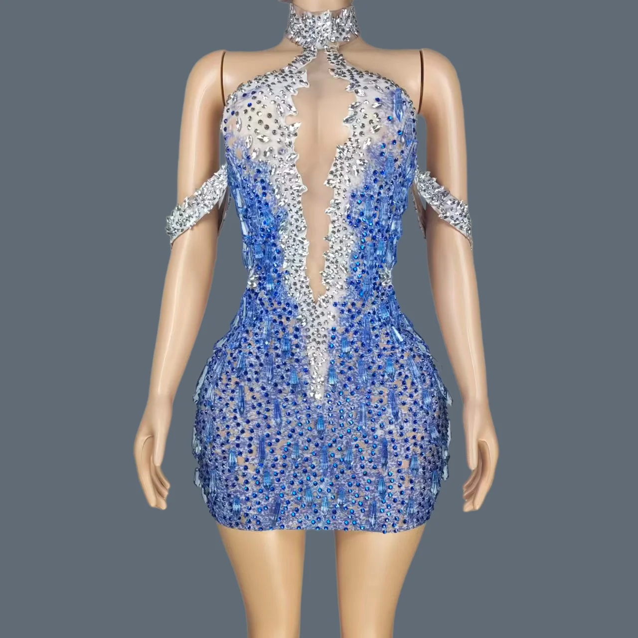 

Blue Silver Rhinestone High Neck Mini Dress Sheer Mesh Bodycon Party Outfit Women Birthday Gala Cocktail Dress Haiyangzhixing