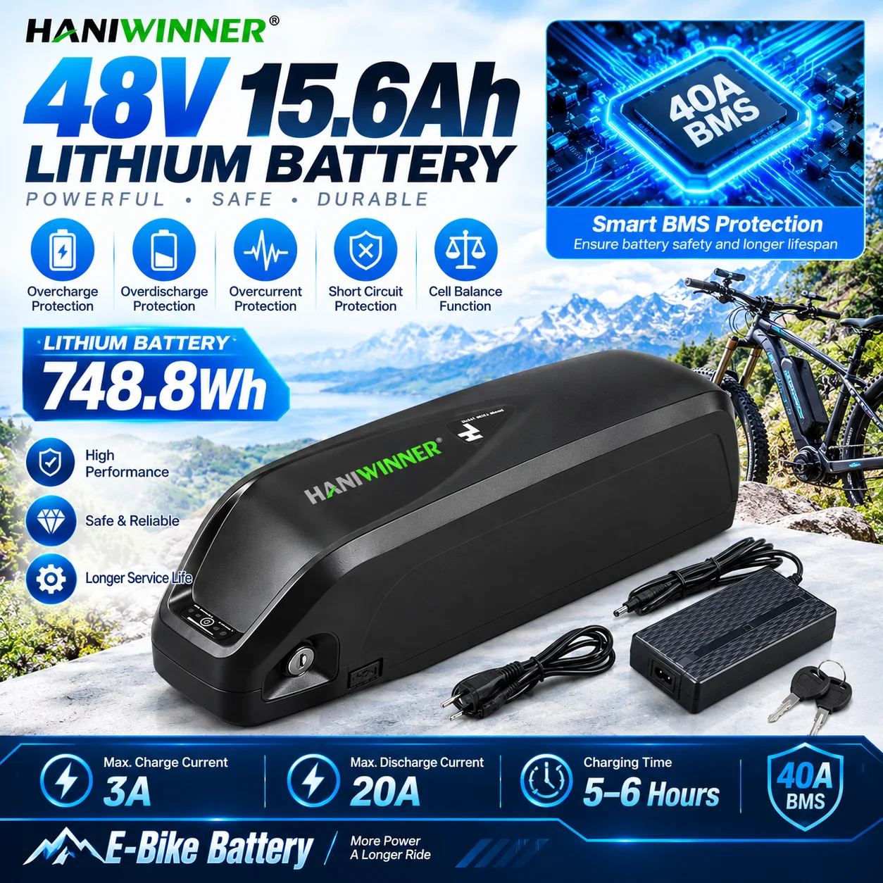 36V 15.6Ah E-Bike Battery, 48V 13AH Lithium Battery Pack with 40A BMS for Electric Bicycles & E-Motorcycles (100W–1800W Motor), with USB Port and Mounting Base