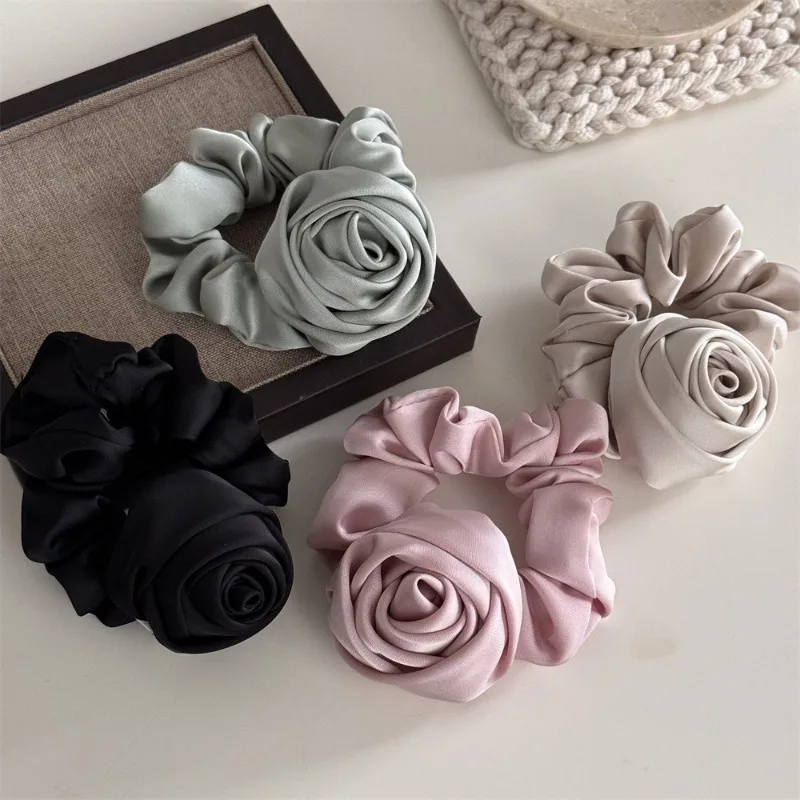 Women Ribbon Rose Flower Elastic HairBand For Women Girls Hair Rope Ties Flower Hair Scrunchie Ponytail Holder Hair Accessories