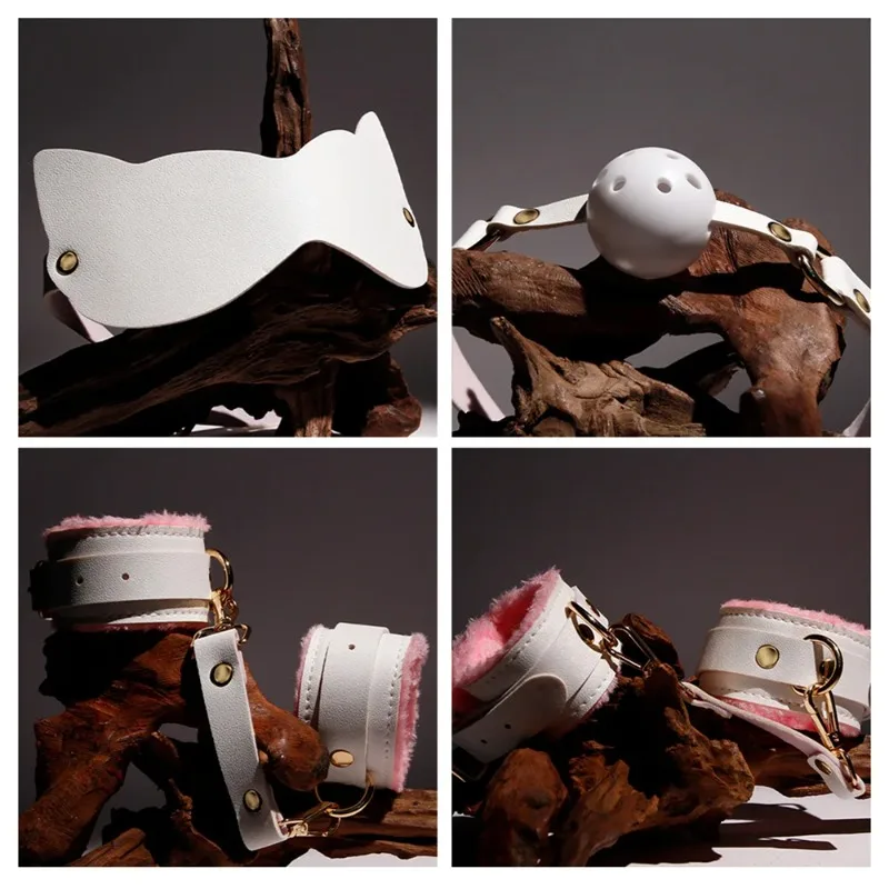 BDSM 섹스 토이 귀여운 고양이 본디지 세트 (여성용 애니메이션 코스프레 포함) 플러시 수갑, 머리띠, 입 막개, 눈가리개, 목걸이