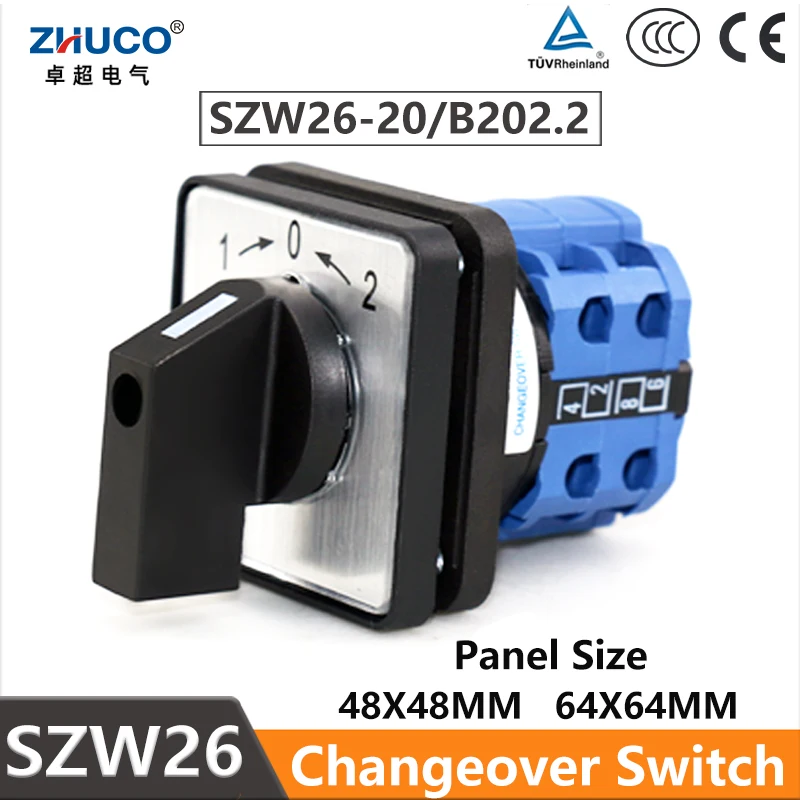 

ZHUCO SZW26/LW26-20/B202.2 20A 660V 2 Pole 8 Screw 3 Position 64X64/48X48 mm Panel Transfer Momentary Changeover Cam Switch