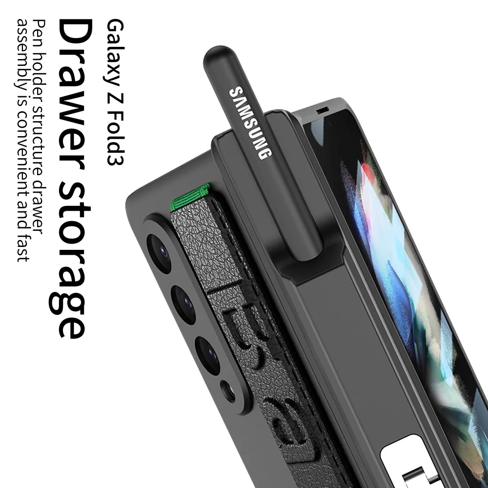 Leather Elastic Force Wristband Case For Samsung Galaxy Z Fold 3 Pen Box Full Cover Anti-knock luxury Cases For Galaxy Z Fold3