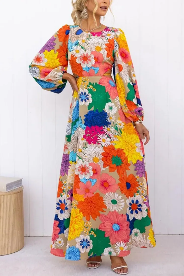 

Women Big Flower Print Maxi Dress Fashion Party Long Sleeve Vestidos 2024 Autumn Spring Lady Vocation Robes