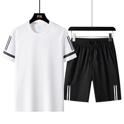 Men's Ice Silk Sports Set Summer Casual Round Neck Short sleeved T-shirt Shorts Trendy Simple Running Two Piece Set 2024 New