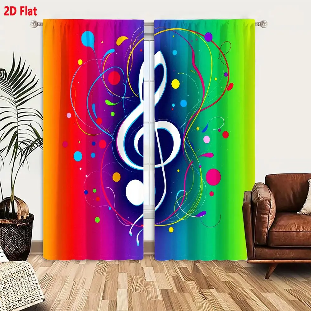 2Pcs Curtains 2D Flat Vibrant Colorful Treble Clef Music Art With Swirling Lines And Dots Window Drapes for Bedroom Room Decor D