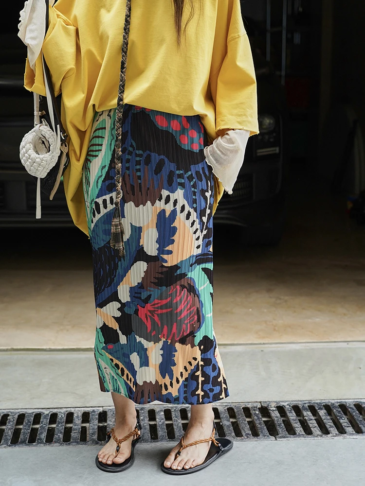 FANAN mode imprimé contraste couleur jupes femmes élastique taille haute a-ligne mi-longue bureau dame jupe femme 2025 été nouveau