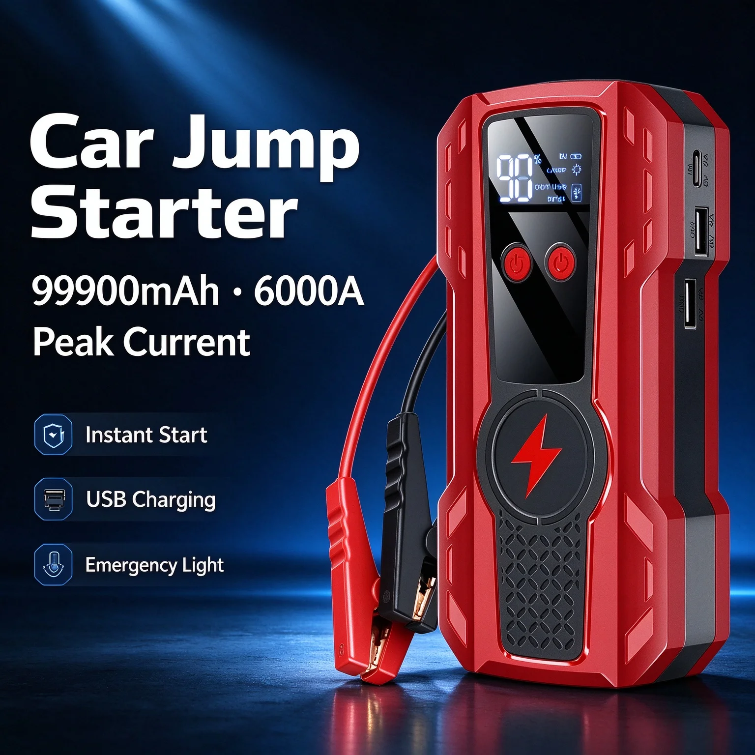 99900mAh Power Bank Car Jump Starter Portable 6000A Car Battery Emergency Booster Wireless Charging 12V Auto Starting Device
