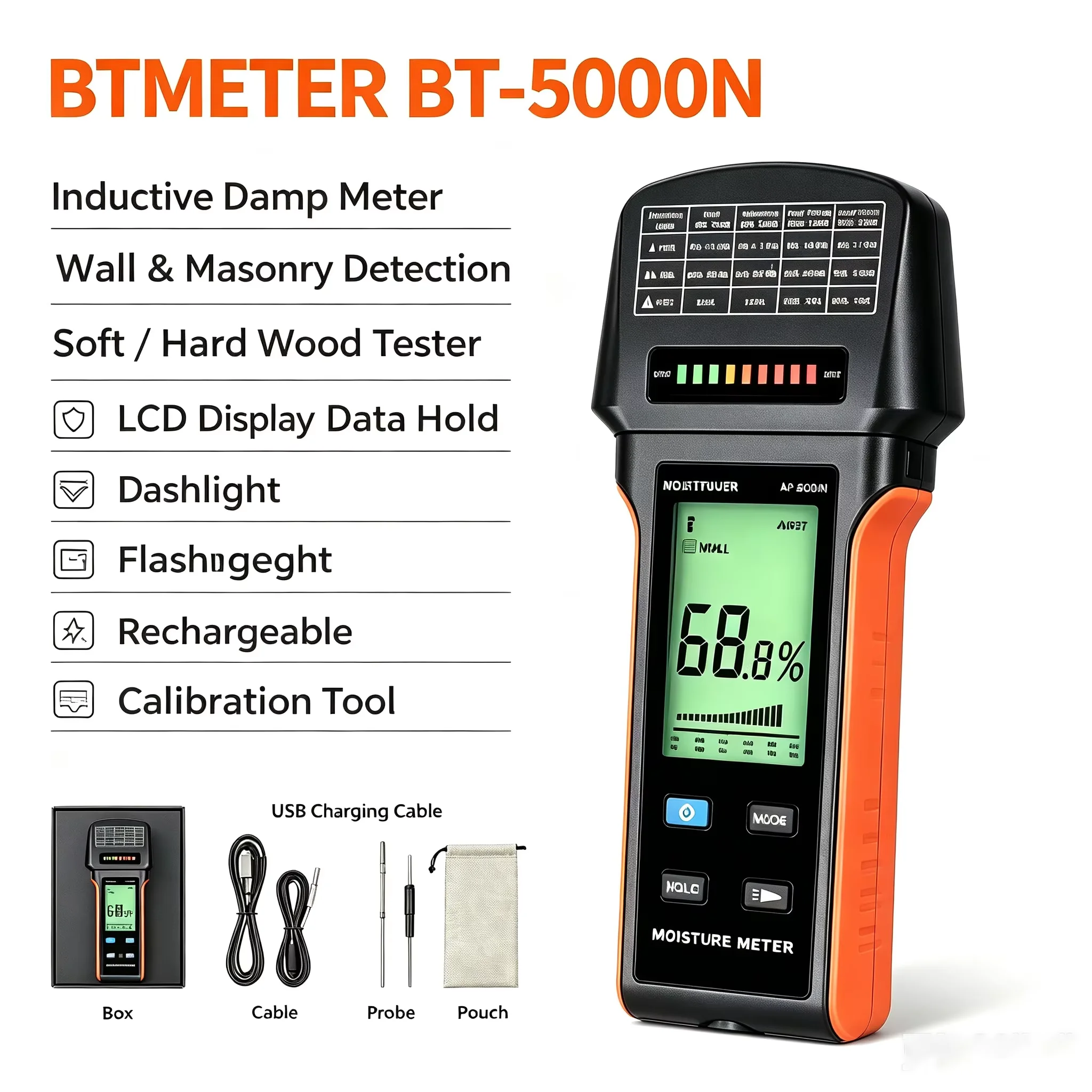 BTMETER BT-5000N Inductive Damp Meter Wall Masonry Soft Hard Wood Tester LCD Hold Flashlight Rechargeable Calibration Tool