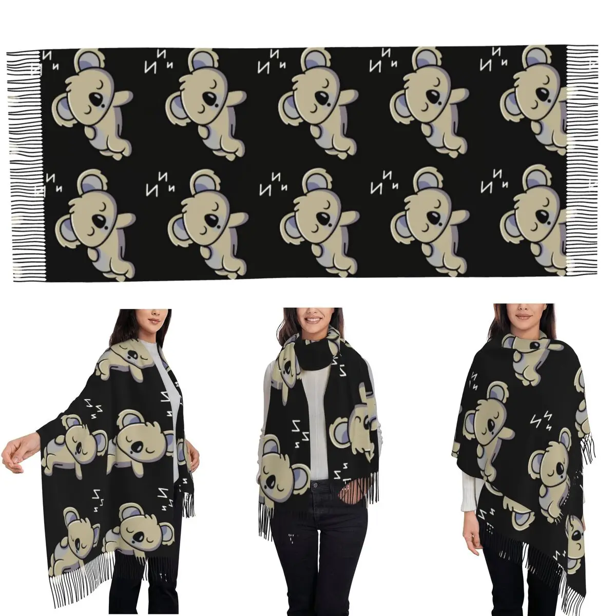 Cute Baby Koala Sleeping Good Night Scarf Tassel Scarves for Women Soft Warm Shawls and Wraps Large Fall Winter Shawl Wrap