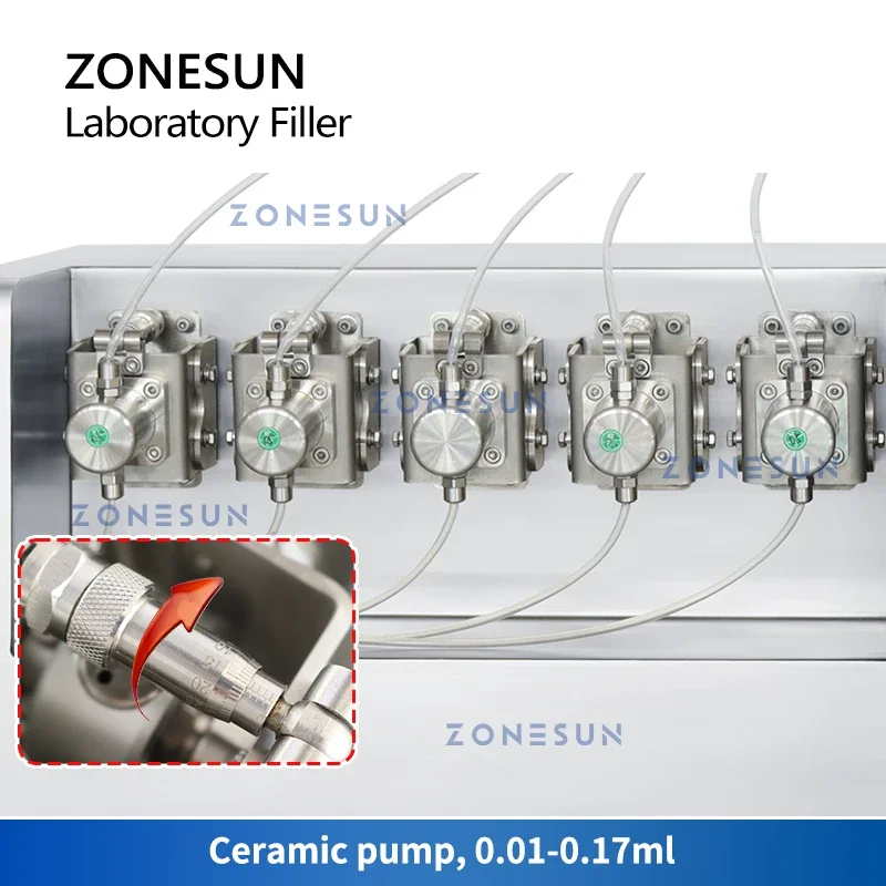 ZONESUN آلة تعبئة السوائل بمضخة السيراميك الأوتوماتيكية 5 فوهات 0.01-0.17 مللي كاشف حشو مختبر عالي الدقة ZS-YTCPD5