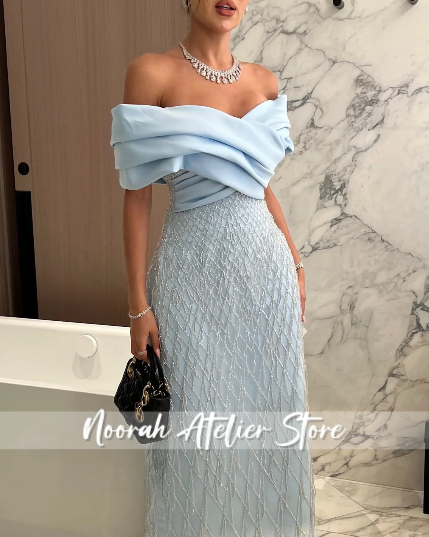 فساتين سهرة فاخرة مكشوفة الكتفين باللون الأخضر المريمية في المملكة العربية السعودية 2025 فساتين زفاف باللون الأزرق شرابة فستان رسمي مخصص