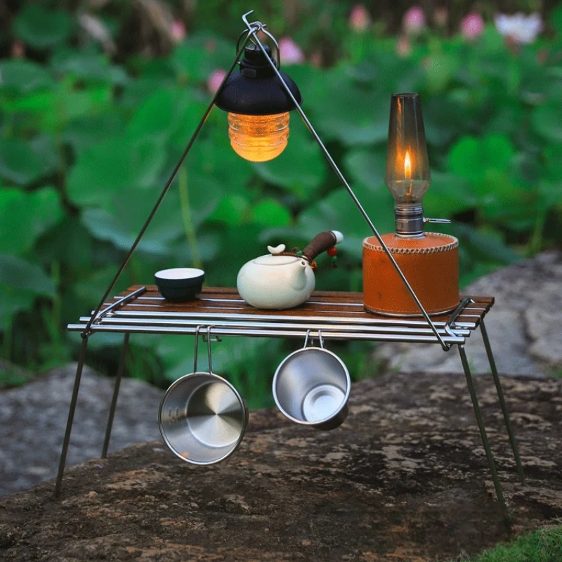 Outdoor Camping Rubik's Cube Multifunctional Small Table Portable Stainless Steel with Light Pole Picnic Beech Tea Table Frame