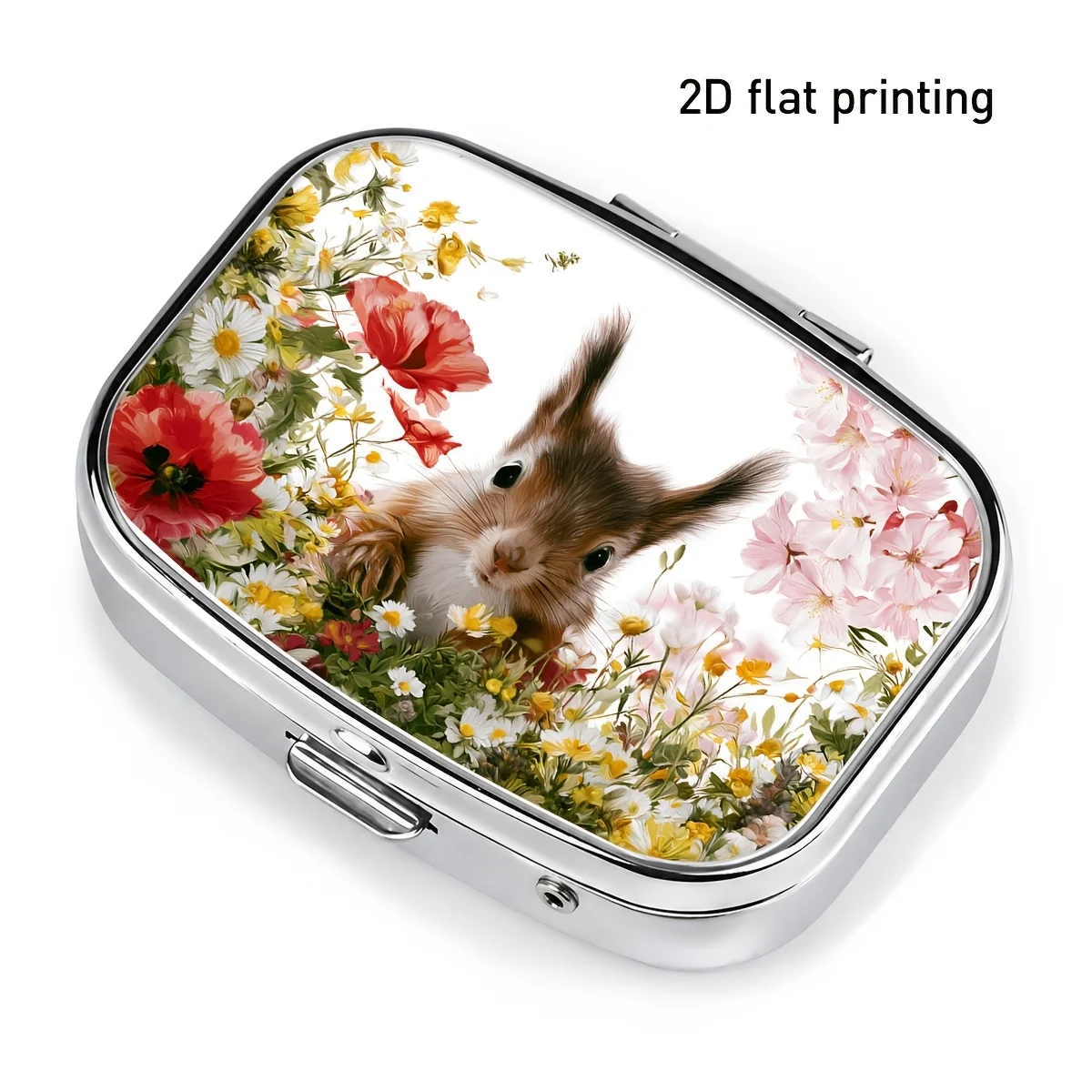 Single-Piece Package, Flat Printing, Lightweight Square Portable Box, Cherry Blossom and Squirrel Design, Exquisite and Durable Metal Casing, Two-Compartment Design, Can Hold Pills, Vitamins, and Nutritional Supplements, Size, Daily T-Style, Flat