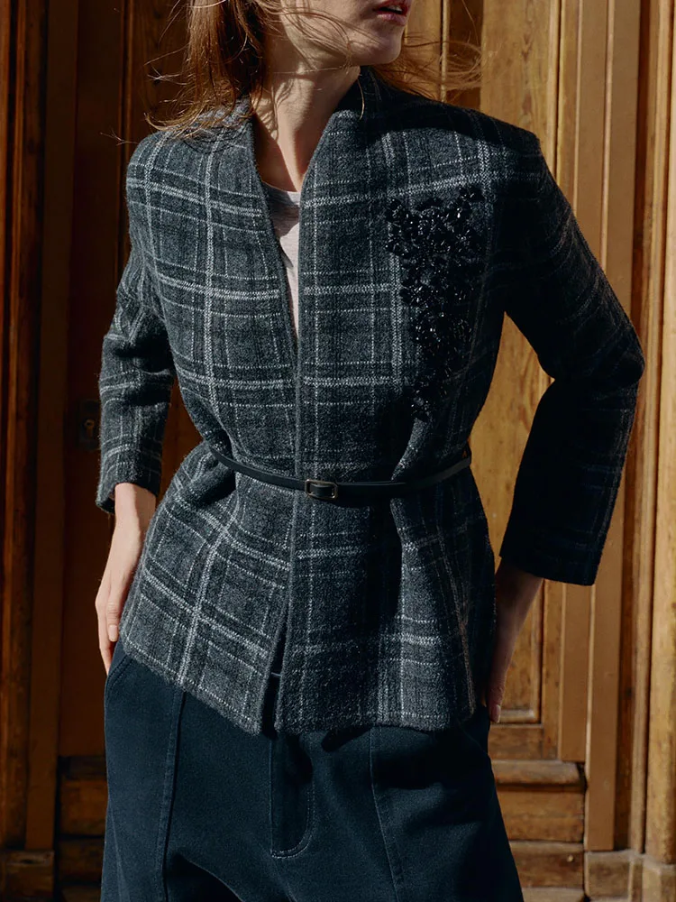 

Faionable Knitted Suit Jaet Women's Winter New Arrival V-ne Belted Plaid Casual Sle Long Sve Button Closure Coat