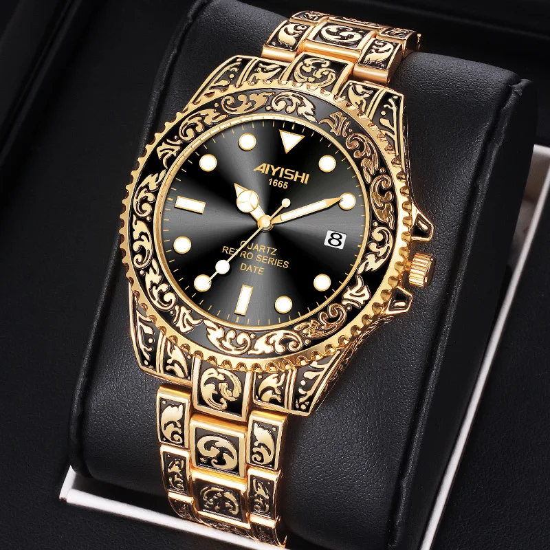 2022 Luxury Retro Golden Men Watch Stainless Steel Quartz Watches Man Clock Gold Mens Watch Male Reloj Hombre Relogio Masculino